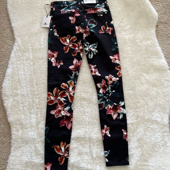 7 For All Mankind Tropical Floral Print Skinny Jeans Black - Picture 5 of 8